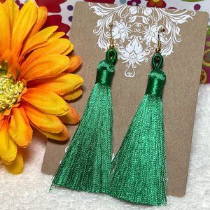 Tassel Earrings Long Drop Dangles Green Smooth Silky Fringe Dressy Elegance NWT